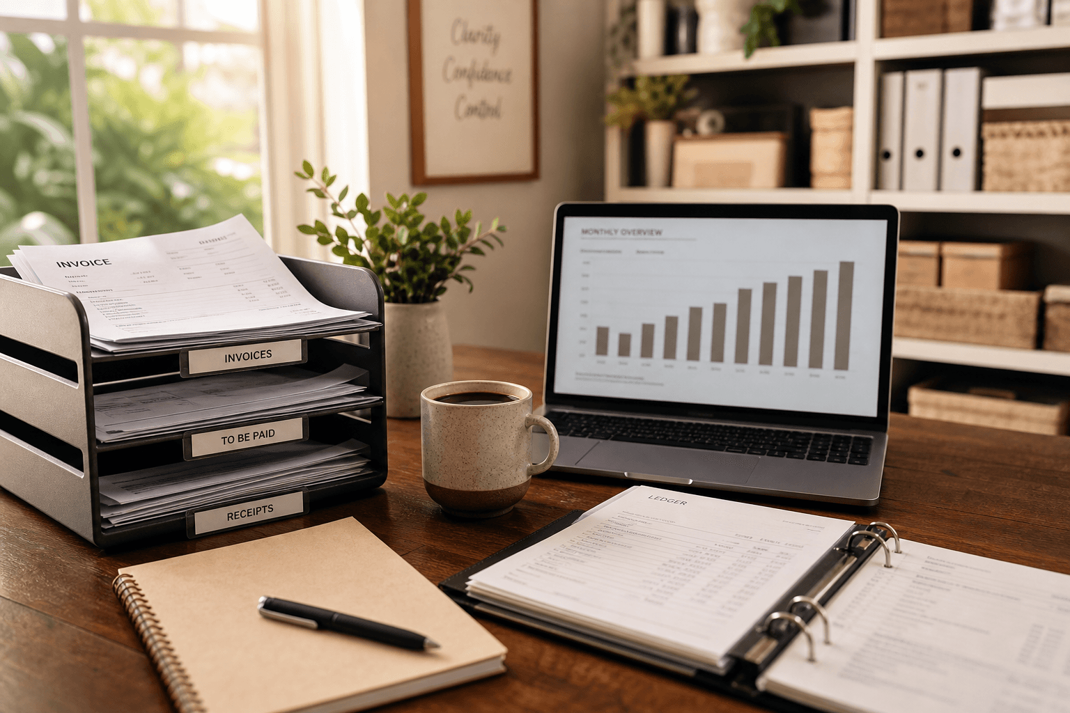 Small-business bookkeeping workspace with invoices, folders, and a laptop showing neutral financial charts.