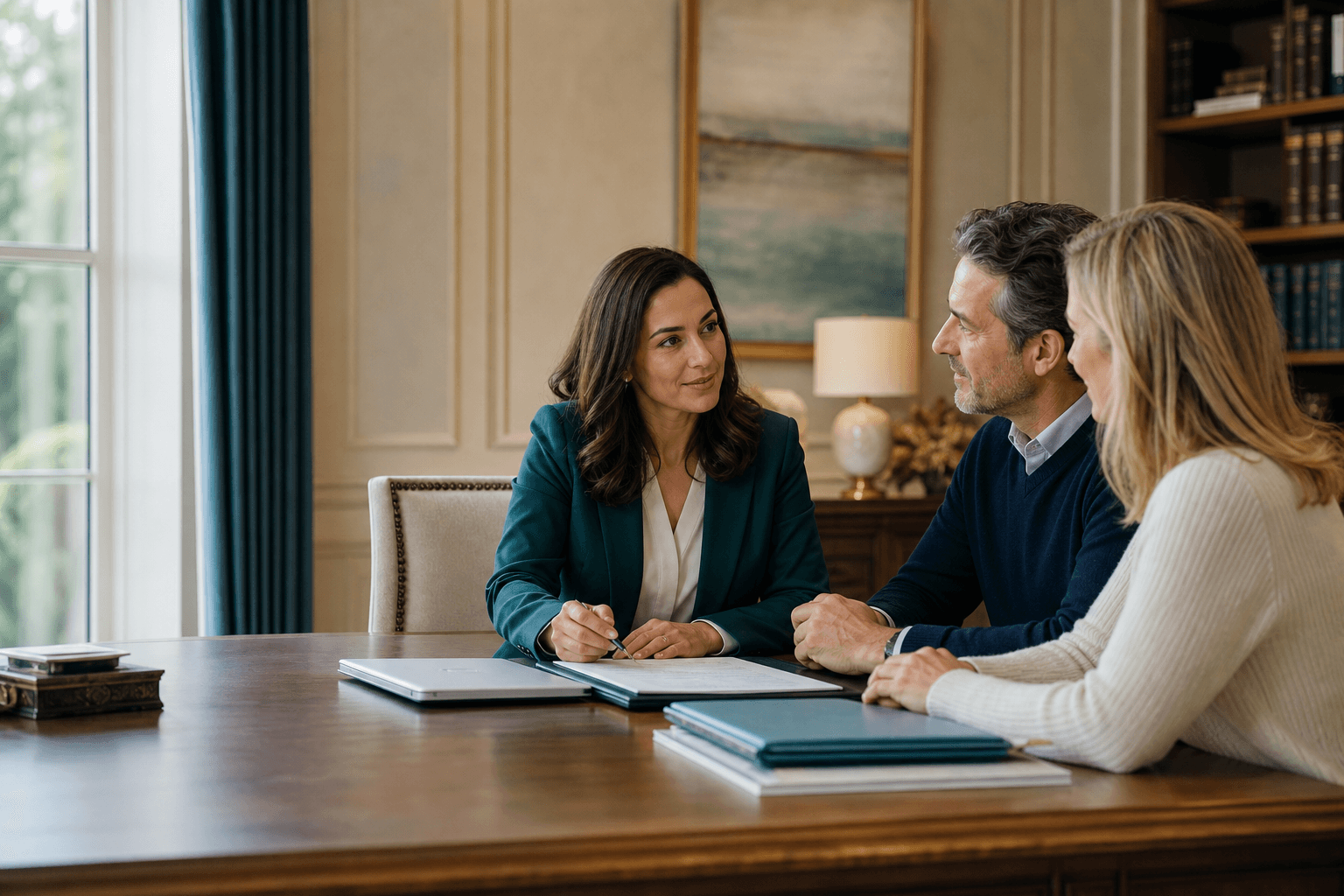 Professional consultant meeting with clients in a warm, organized office with documents and a laptop on the desk.