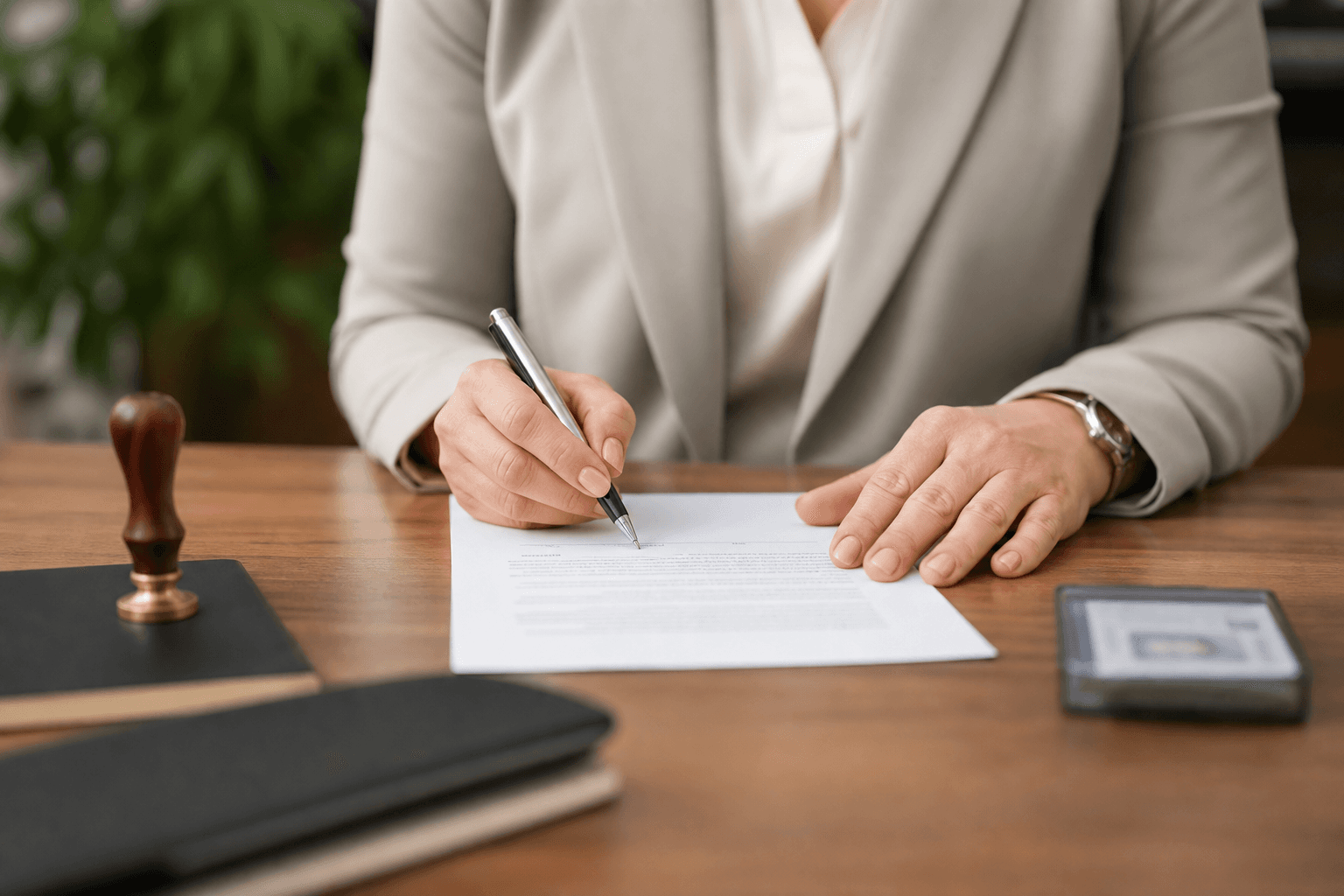 Formal document signing at a desk with notarial materials in a professional setting.