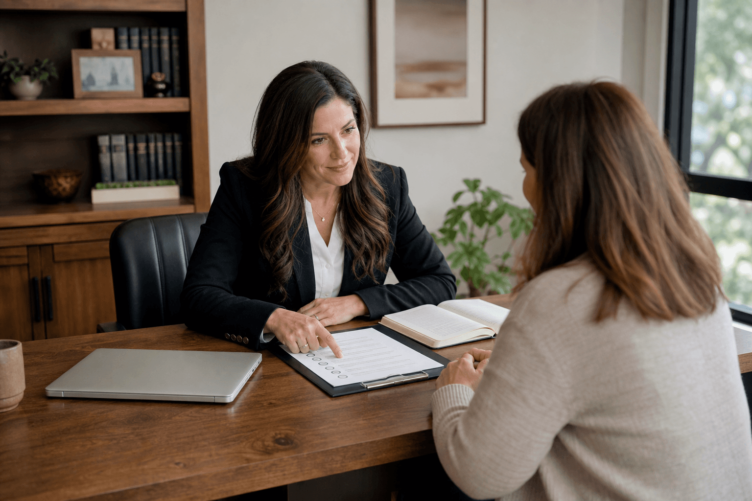 Client consultation with organized documents illustrating a clear professional service process.